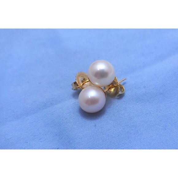 Beautiful 14K Karat Solid Yellow Gold Designer Round Pearl Stud Earrings - Picture 6 of 16